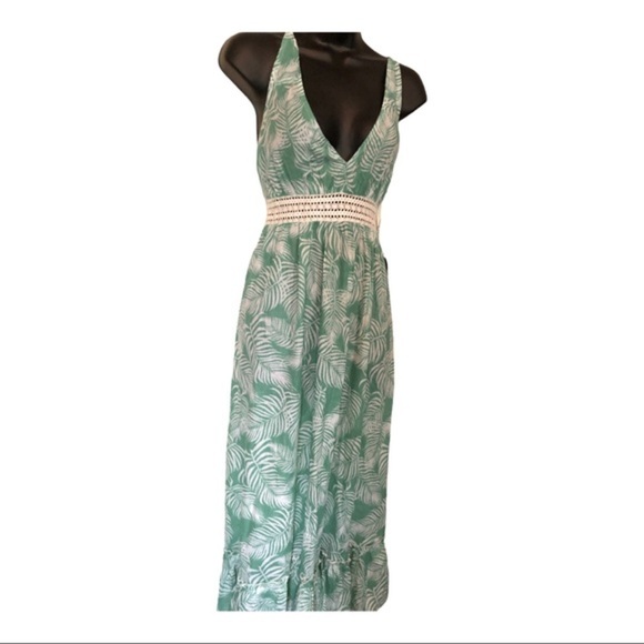 Green white floral open back halter beach cover up crochet maxi dress size small - Picture 6 of 16